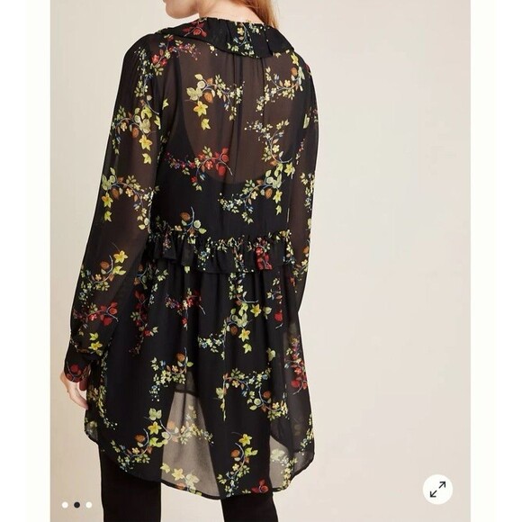 Anthropologie Jamison Tunic Top Small Black Floral Ruffle Semi Sheer Boho - Picture 11 of 12